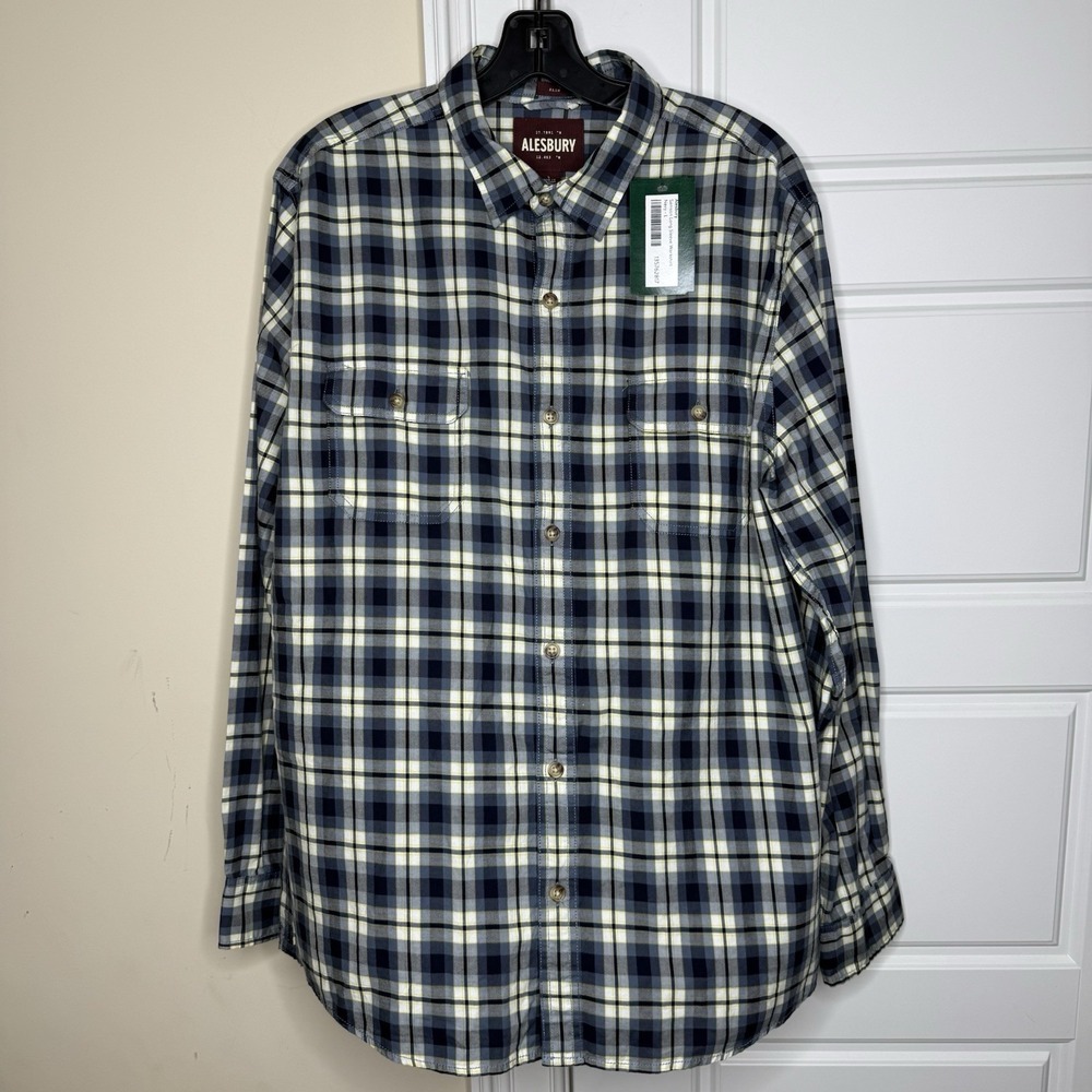Alesbury men's Samson Long Sleeve Workshirt Slim Fit Navy Yellow Plaid Large